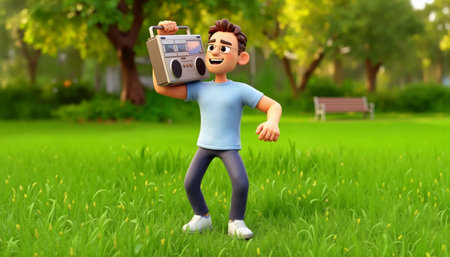 Cartoon 3D boy enjoying music with boombox outdoorsの素材