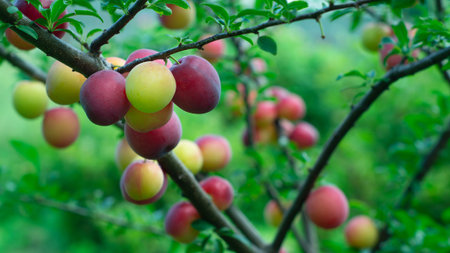 Ripe Plums Growing on Tree Branch