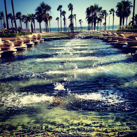 Water fountain with palm trees the beach and ocean in the background の素材