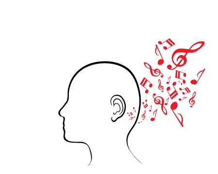 A metaphorical illustration of a blank human face with musical symbols entering his ear, isolated on a white background.のイラスト素材