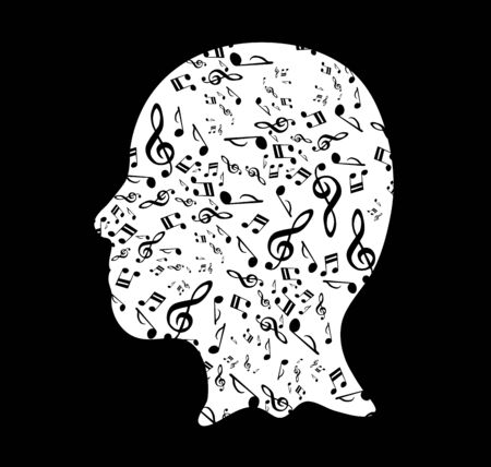An illustration of a white human face with musical symbols, isolated on a white background.のイラスト素材
