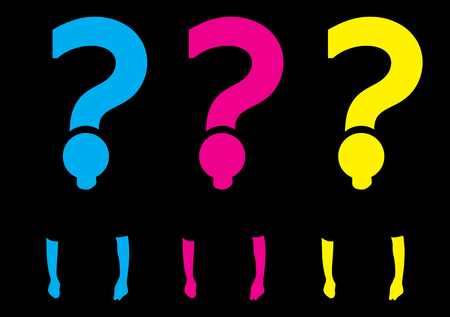 Silhouettes of three human bodies with question marks in cyan, magenta and yellow on black background - CMYK.のイラスト素材