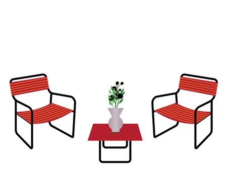 Red table and chairs with flower vase isolated on white background.のイラスト素材