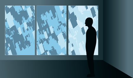 Silhouetted man looking at an abstract modern triptych illustration in an art gallery.のイラスト素材