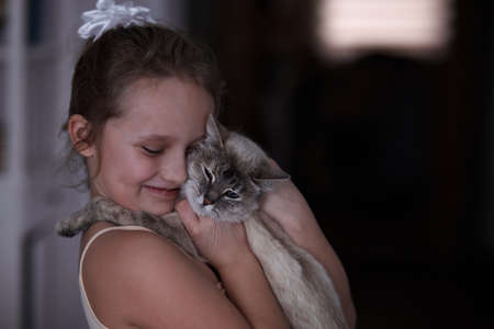 portrait girl huggs her white grey catの写真素材
