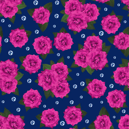 Beautiful seamless romantic background with blooming roses and diamondsの写真素材