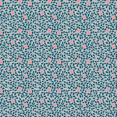 Illustrated seamless background with blue leaves and pink hearts
