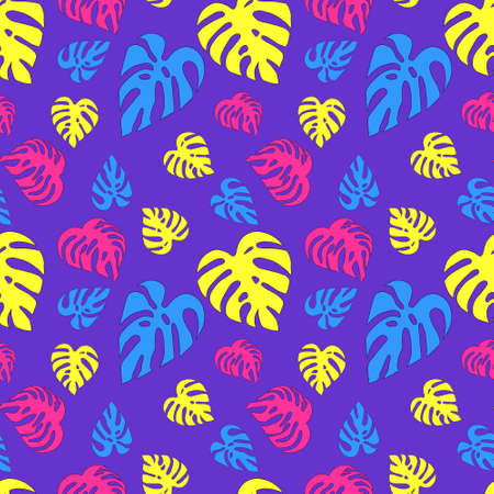 Neon pattern with different monstera leaves on a purple background