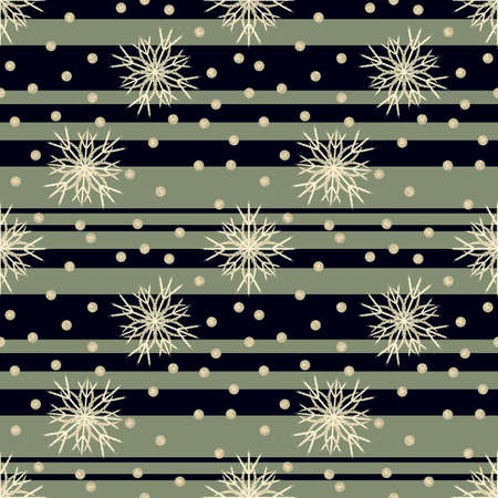 Seamless Christmas pattern with a green and black striped background and snowflakesの写真素材
