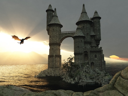 3d illustration fantasy landscape with a fairytale castle and a flying dragonの写真素材