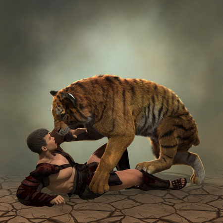 3D Illustration of a Gladiator fighting with a tigerの写真素材