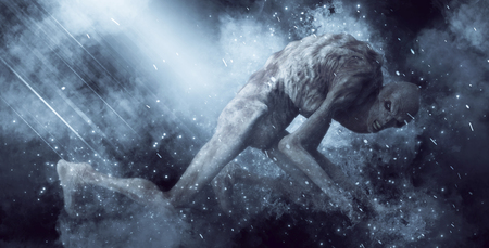 3D Illustration of a demon monster in the rays of lightの写真素材