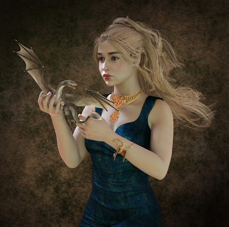 3D illustration beautiful blonde and fantasy dragonの写真素材