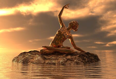 3D illustration statue golden girl doing yoga at seaの写真素材