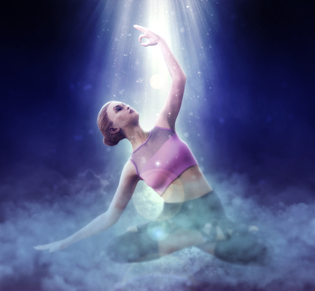 Beautiful girl doing yoga on fantasy clouds 3d illustrationの写真素材
