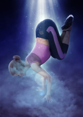 Beautiful girl doing yoga on fantasy clouds 3d illustrationの写真素材