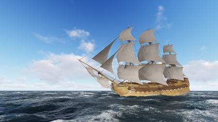 3D illustration sailboat at sea on a sunny dayの写真素材