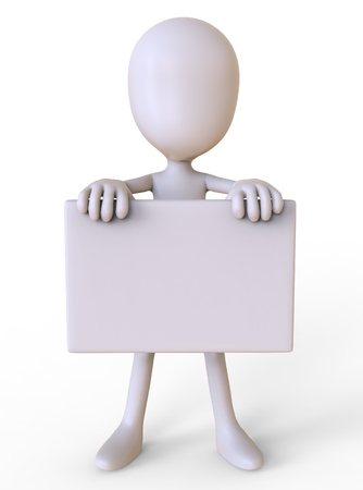 3D man with a sign isolated on white background 3d illustrationの写真素材