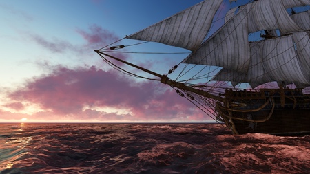 3D illustration sailboat at sea in the evening at sunset