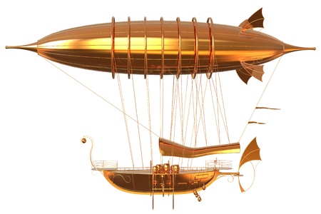 3D illustration Golden Fantasy airship Zeppelin Dirigible balloon isolated on whiteの写真素材