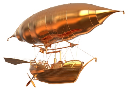 3D illustration Golden Fantasy airship Zeppelin Dirigible balloon isolated on whiteの写真素材