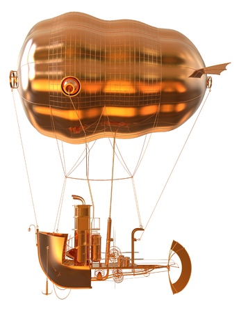 3D illustration Golden Fantasy airship Zeppelin Dirigible balloon isolated on whiteの写真素材