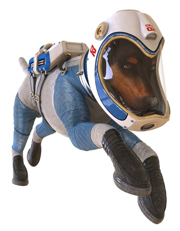 Dog in an astronauts space suit. 3D illustration isolated on white.の写真素材
