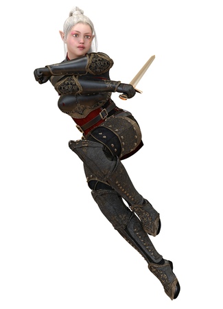 Woman elf warrior with sword isolated on white background 3D illustrationの写真素材