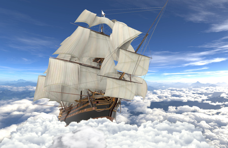 Sailboat flying above the clouds 3d illustration