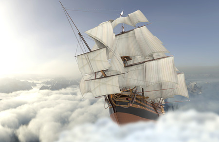 3D illustration sailboat flying above the cloudsの写真素材