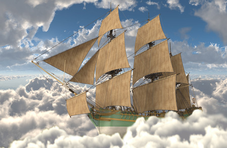 3D illustration sailboat flying above the clouds