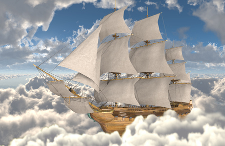 3D illustration sailboat flying above the cloudsの写真素材