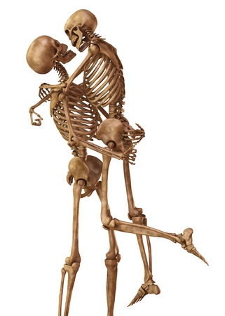 Skeletons of man and woman in the pose of lovers. Isolated on white background 3d illustrationの写真素材