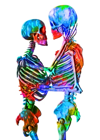 Skeletons of man and woman in the pose of lovers in multicolored abstract style illustration Isolated on white backgroundの写真素材