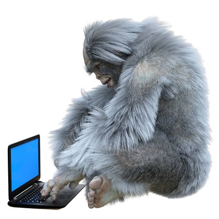 Yeti with laptop concept 3d illustration isolated on white backgroundの写真素材