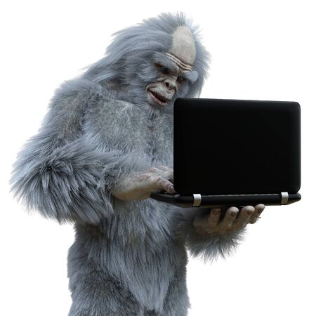 Yeti with laptop concept 3d illustration isolated on white backgroundの写真素材