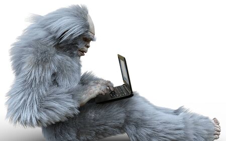 Yeti with laptop concept 3d illustration isolated on white backgroundの写真素材