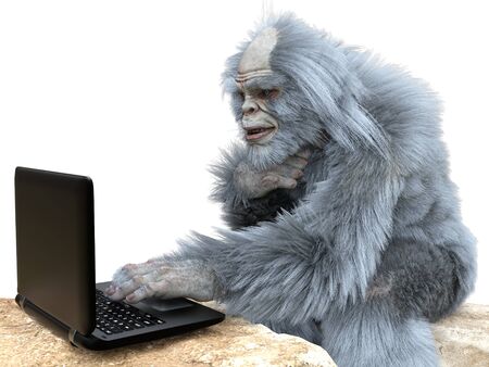 Yeti with laptop concept 3d illustration isolated on white backgroundの写真素材