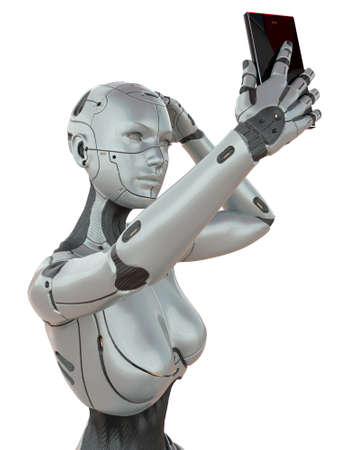 Cyborg girl with smartphone concept isolated on white background 3d illustration