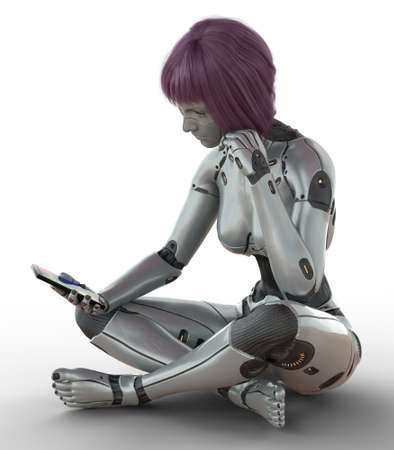 Cyborg girl with smartphone concept isolated on white background 3d illustrationの写真素材