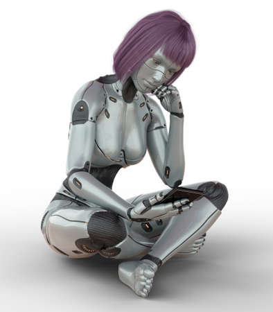 Cyborg girl with smartphone concept isolated on white background 3d illustrationの写真素材