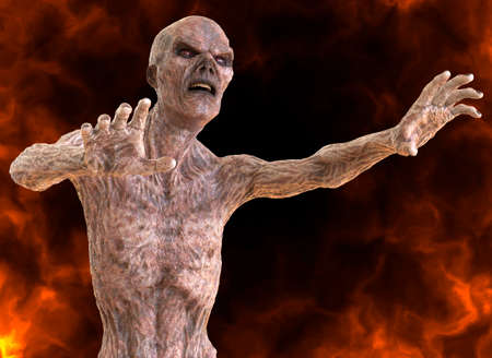 Fantsy zombie undead burns in a hellfire 3d illustration