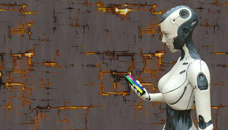 Cyborg girl with smartphone concept on techno background 3d illustration