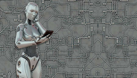 Cyborg girl with smartphone concept on techno background 3d illustration