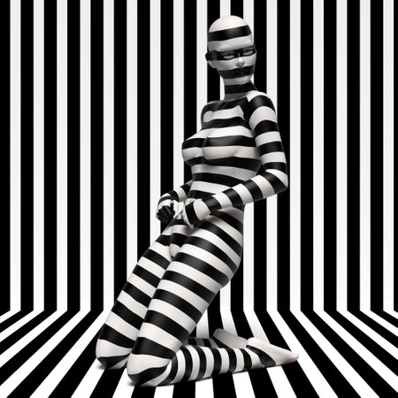 Body paint on a girl in a surreal style on black and white geometric background 3d illustrationの写真素材
