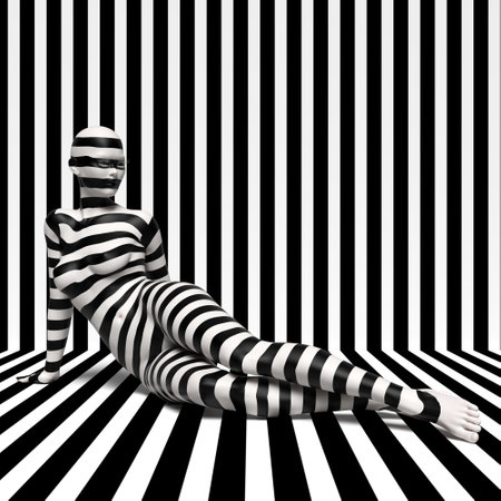 Body paint on a girl in a surreal style on black and white geometric background 3d illustrationの写真素材