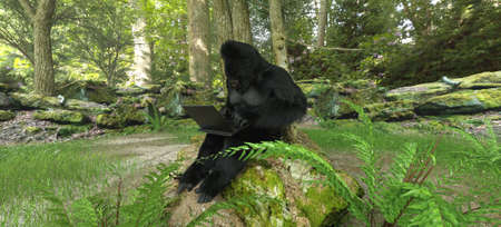 Gorilla with laptop in forest concept 3d illustration