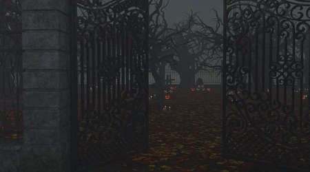 Halloween cemetery pumpkin skulls and candles 3d illustrationの写真素材