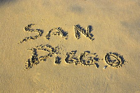 San Diego Beach directions sign in California during sunsetの写真素材