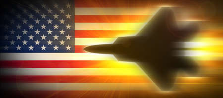 F22 fighter jet silhouette against the backdrop of the US flag.